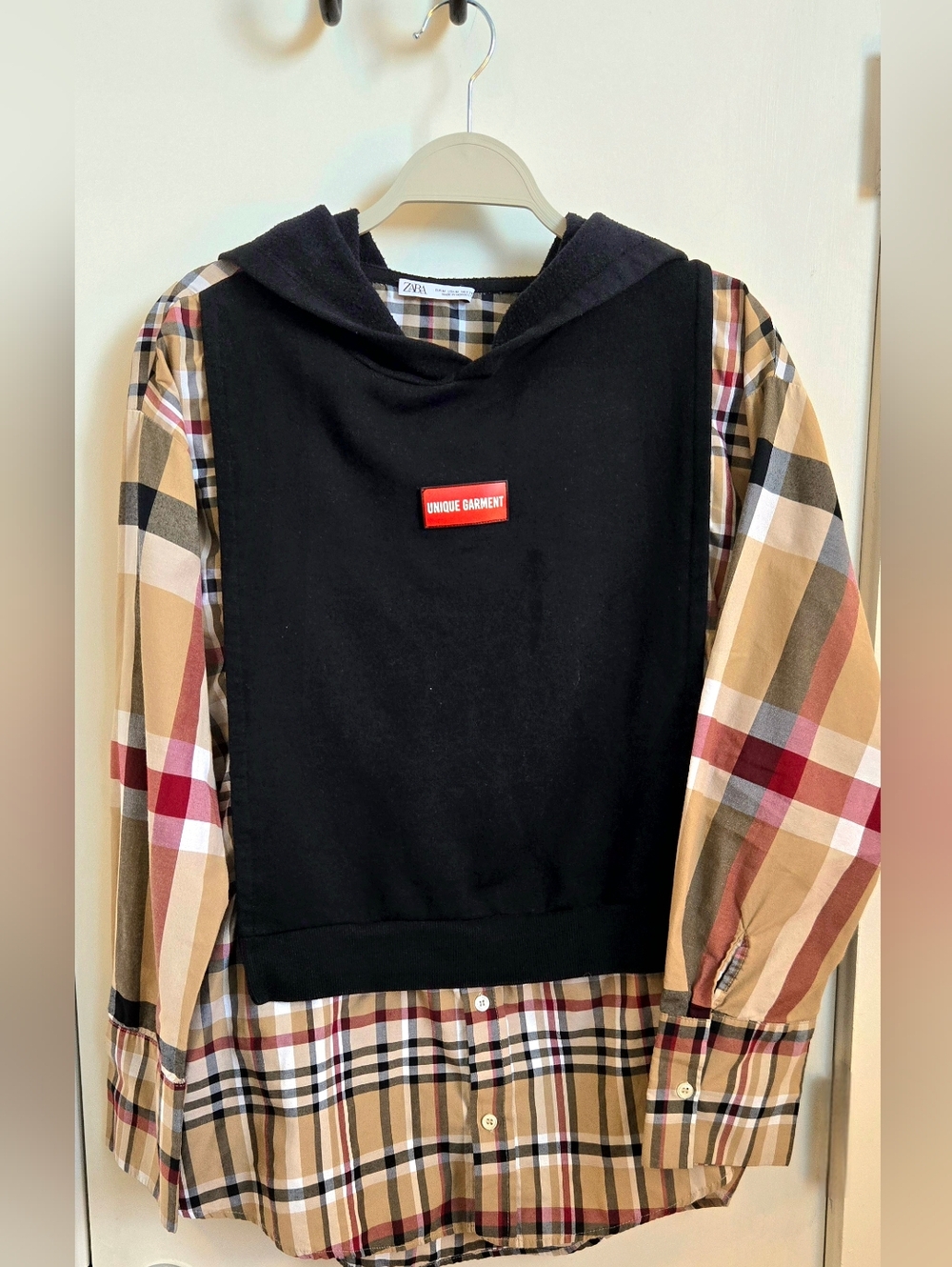 Zara Unique Garment Mixed Media Plaid & Black Overlay Hoodie